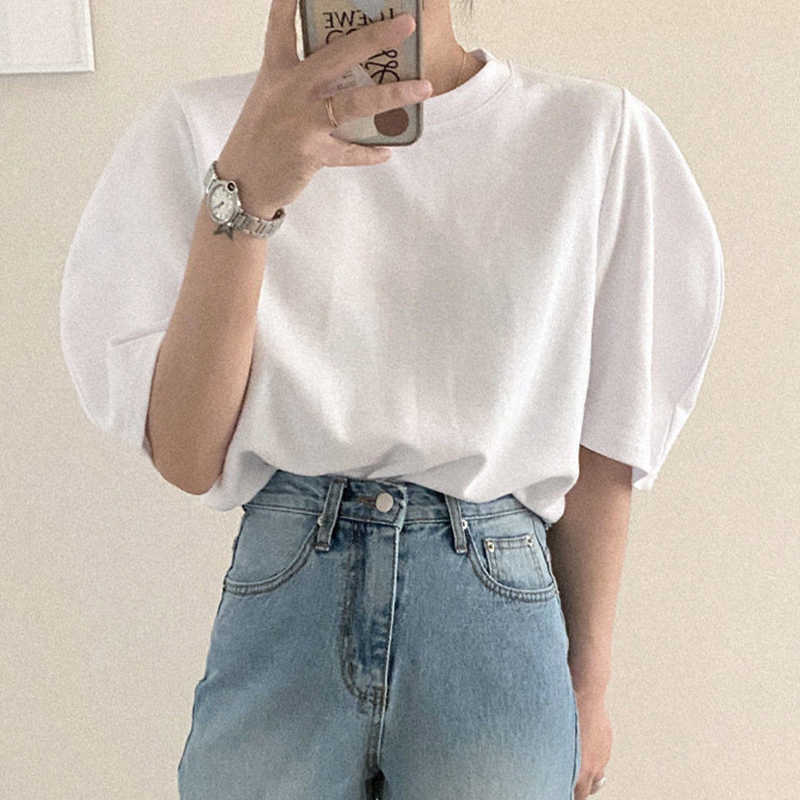 Korejpaa Women T-shirt Korea Summer Simple Basic Round Neck Loose & Versatile Casual Solid Color Bubble Sleeve White Tee Top 210526