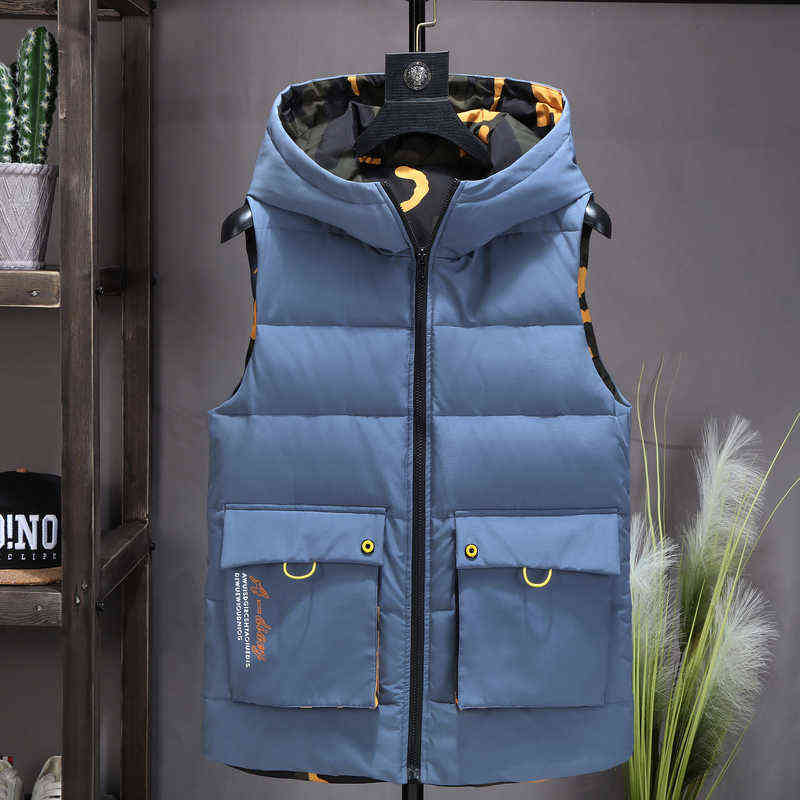 Winter Camouflage Vest Men Both Side Wear Thicken Warm cotton-padded Hooded Solid Color Big Pockets waistcoat 4XL 5XL 6XL 211111