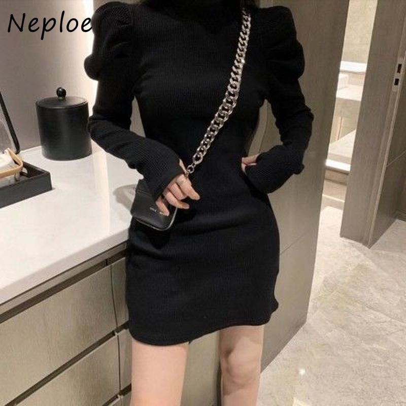 High Neck Pullover Long Sleeve Knit Sweater Dress Women Waist Hip Bodycon Vestidos Winter Robe Sueter 210422Z