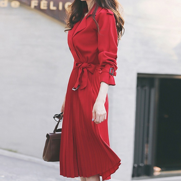 Autumn Vintage Elegant Belted Women Office Ladies Double Breasted Blazer Long Sleeved Pleated Dress Female Vestidos Femme 210519