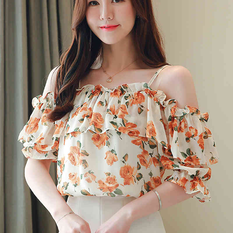 Floral Chiffon Shirt Summer off-the-Shoulder Ruffled Short-Sleeved Tops Women Camisas Mujer womens clothing 698C 210420