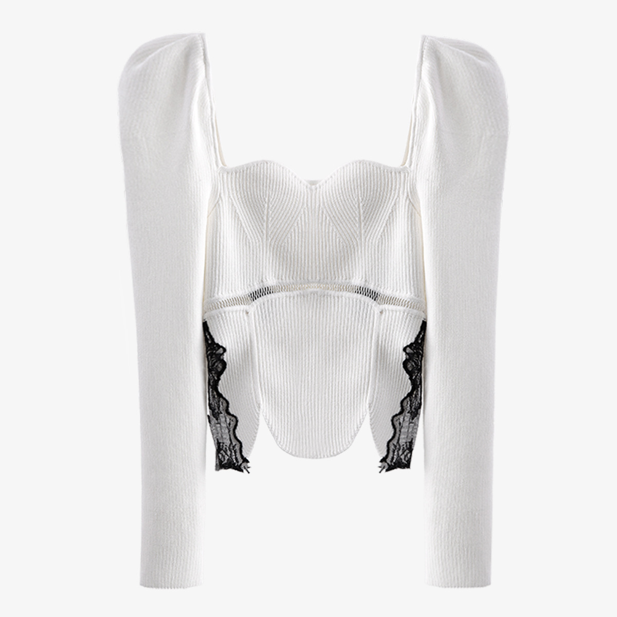 DEAT New Spring Autumn Fashion Casual Simple Slimsexy High Waist Lace Stitching Long Sleeve Bottom Knitted Top Women SG607 210428