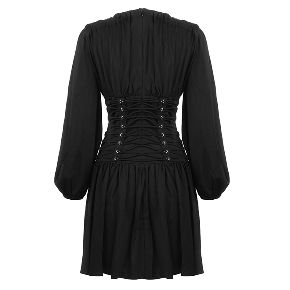 Free Women Sexy Dress Black V-neck Lantern Long Sleeve Lace-UpA Line Mini Celebrity Club Party Vestidos 210524