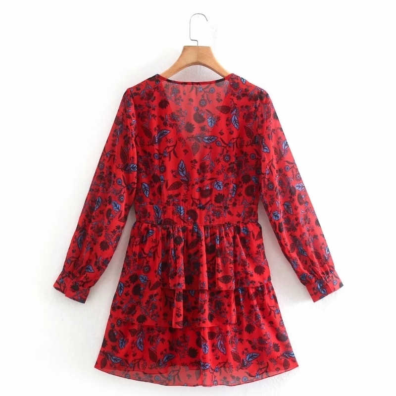 Women Floral Print Cascading Ruffle Chiffon Mini Dress Female Long Sleeve Clothes Casual Lady Loose Vestido D7156 210430