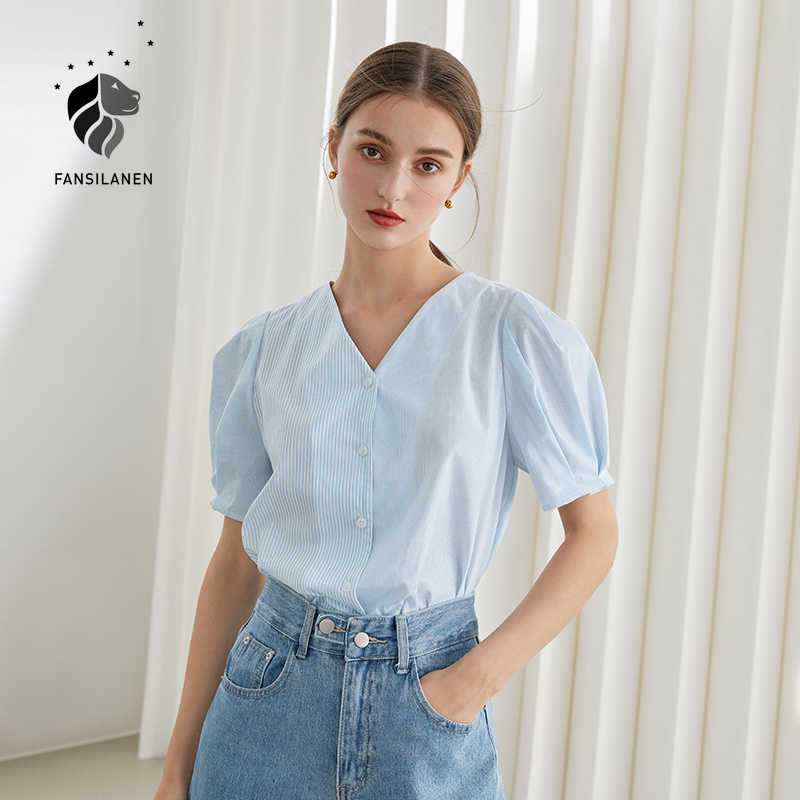 FANSILANEN 100% Cotton Office Lady Blue Striped Stitching Short Sleeve Shirt Women's Summer Puff V-neck Casual 210607, Sky blue
FANSILANEN 100% Cotton Office Lady Blue Striped Stitching Short Sleeve Shirt Women's Summer Puff V-neck Casual 210607, Sky blue