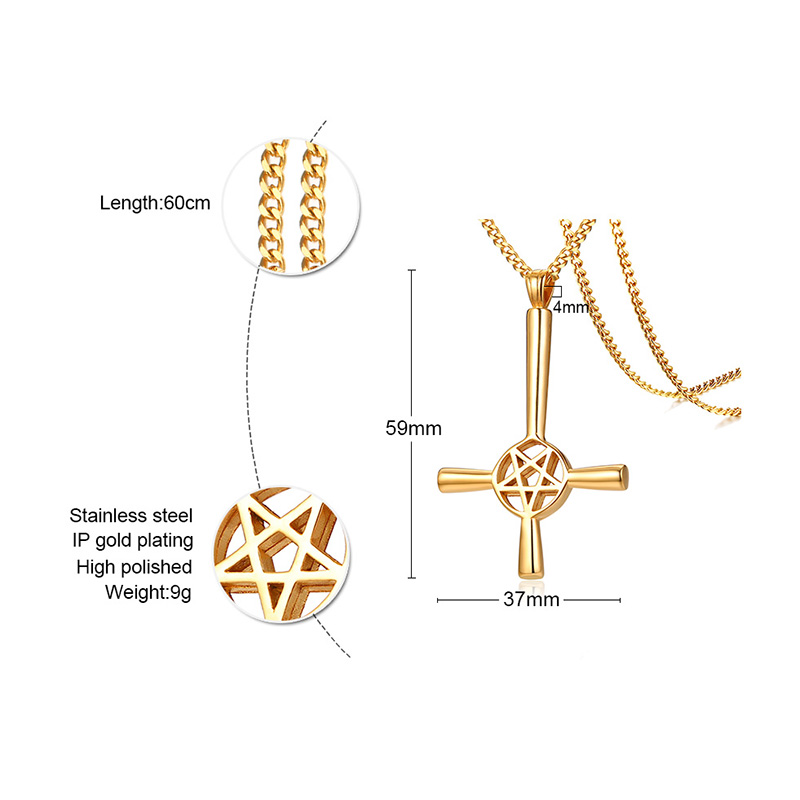 Black Silver Gold Inverted Five-pointed Star Cross Necklace Stainless Steel Fashion Lucifer Satan Symbol Pendant 24 inch