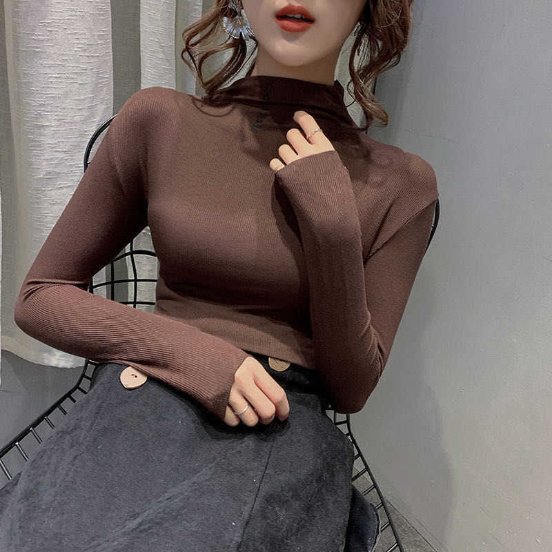 Autumn Winter Half High Collar Thin T-shirt Women Casual Long Sleeve Slim Bottoming Pullover Fashion Stretchable Soft Rib Tshirt 210526