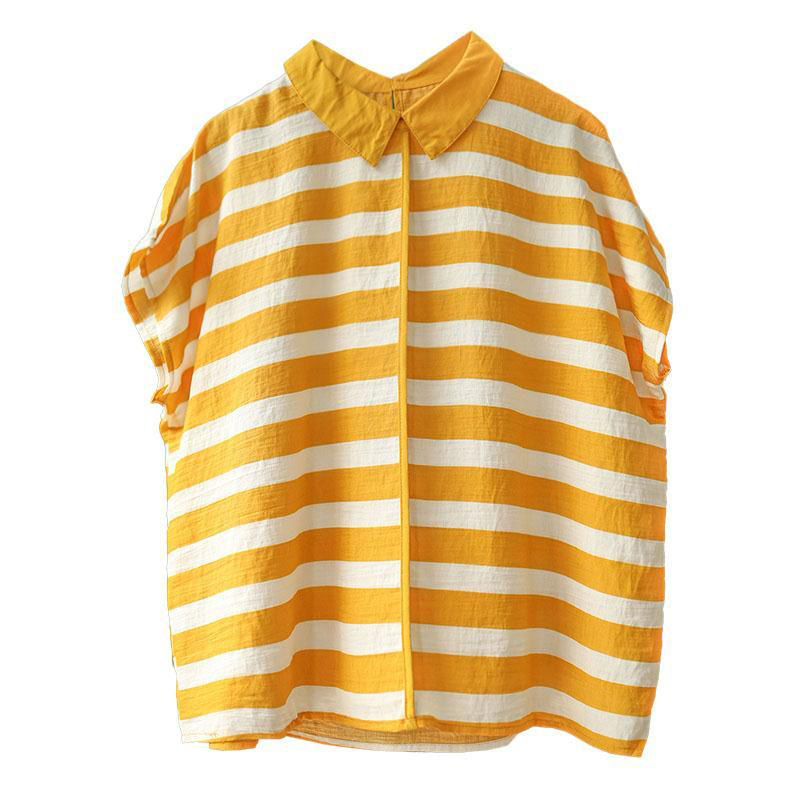 Summer Arts Style Women Loose Striped Shirts Peter Pan Collar Short Sleeve Casual Blouses Plus Size Blusas Mujer S966 210512
