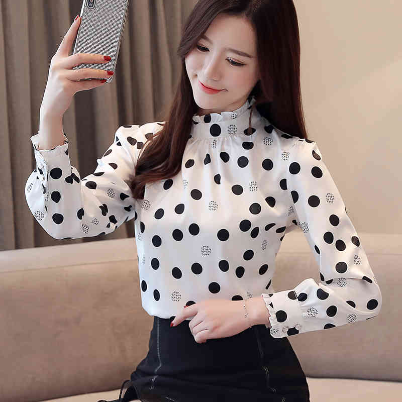 Autumn Fashion Women Chiffon Shirts Long Sleeve Polka Dot Blouses Casual Stand Collar Tops 6113 50 210506