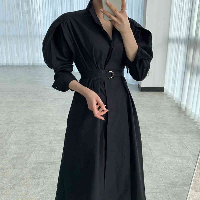 Nomikuma Elegant Single Breasted Women Dress Korea Chic Belt Slim Waist Dresses New Puff Sleeve Causal Vestidos Mujer 6F844 210427