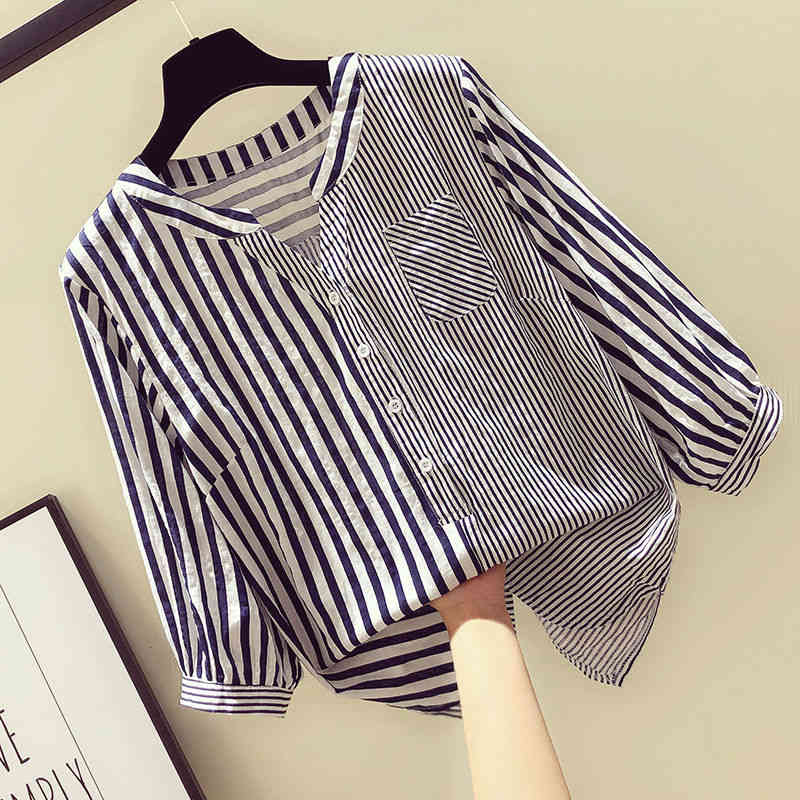 Arrival Spring Korea Fashion Women 3/4 Sleeve Casual V-neck Shirts All-matched Loose Striped Blouses Ladies Tops S89 210512