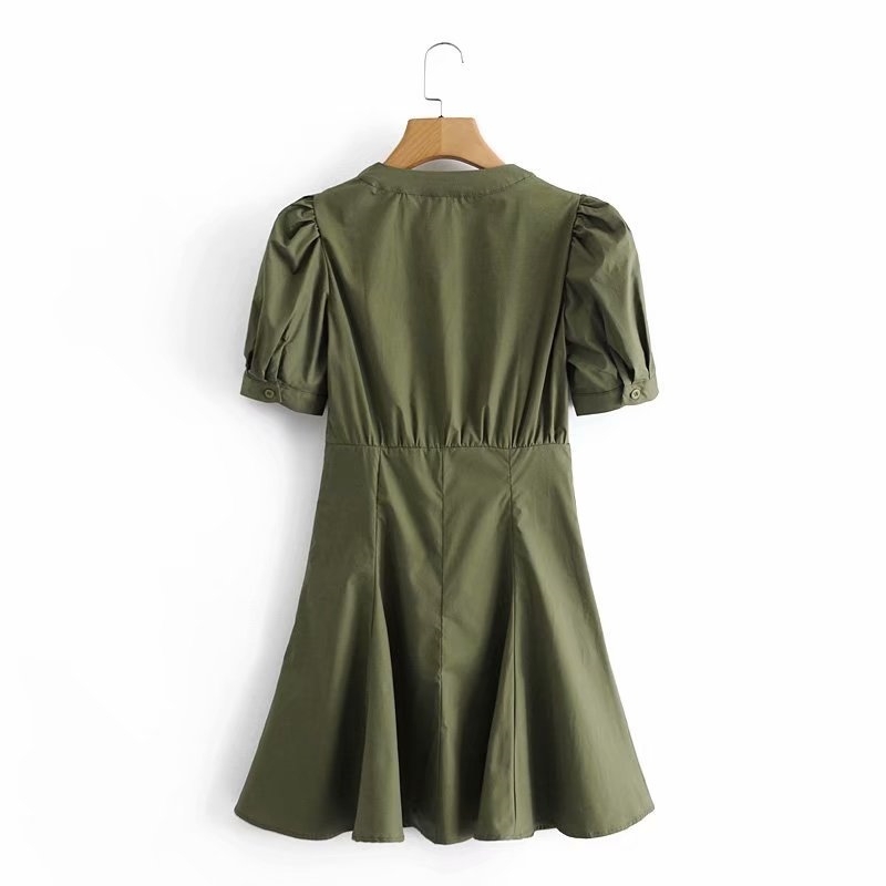 Elegant Women Green V-Neck Dresses Fashion Ladies Pocket Sashes Vestidos Streetwear Female Chic Puff Sleeve Mini Dress 210430