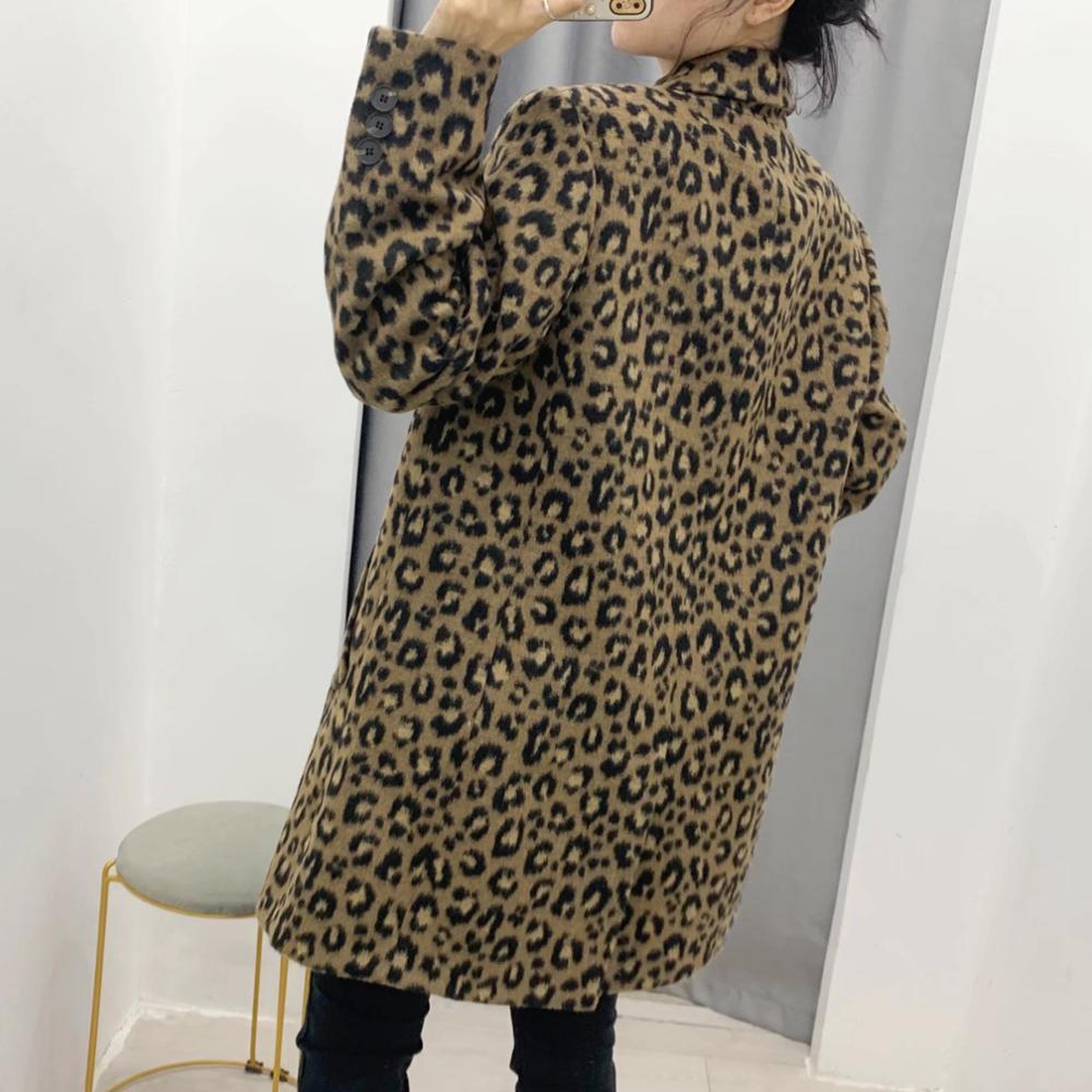 Winter Free style Leopard Pattern Woolen Blends Coat Notched Collar Long Sleeve Mid Blazer Office Lady Outerwear 210429