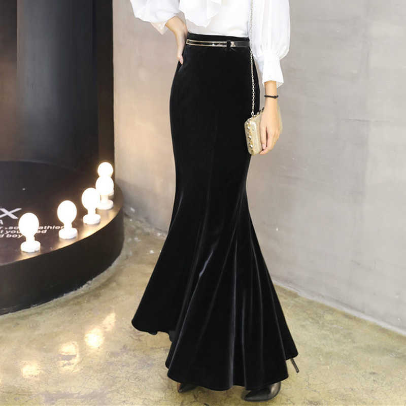 plus size 5XL! Autumn Vintage Velvet Black Maxi Long Mermaid Skirt Fashion Women Elegant Velour Skirts With Belt 210619