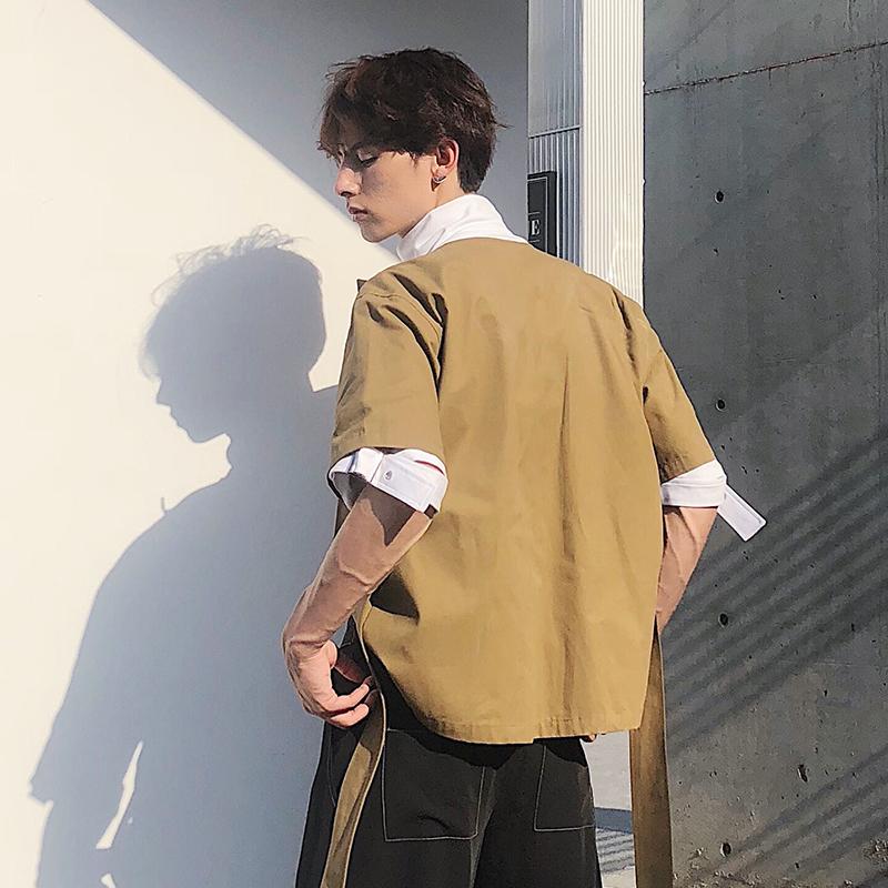 M-XL! Original Summer Long Style Seven-point Sleeve Shirt Korean Version Of The Fashion Personality V-neck Casual Inch Men's Shirts