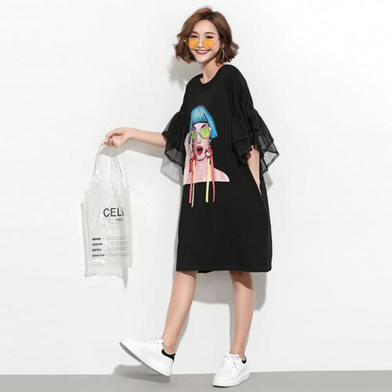 Plus Size Women T-shirt Spring Summer Puff Sleeve Oversize Loose T-Shirt Cartoon Casual Long Tshirt Tees Large Tops H9760 210512