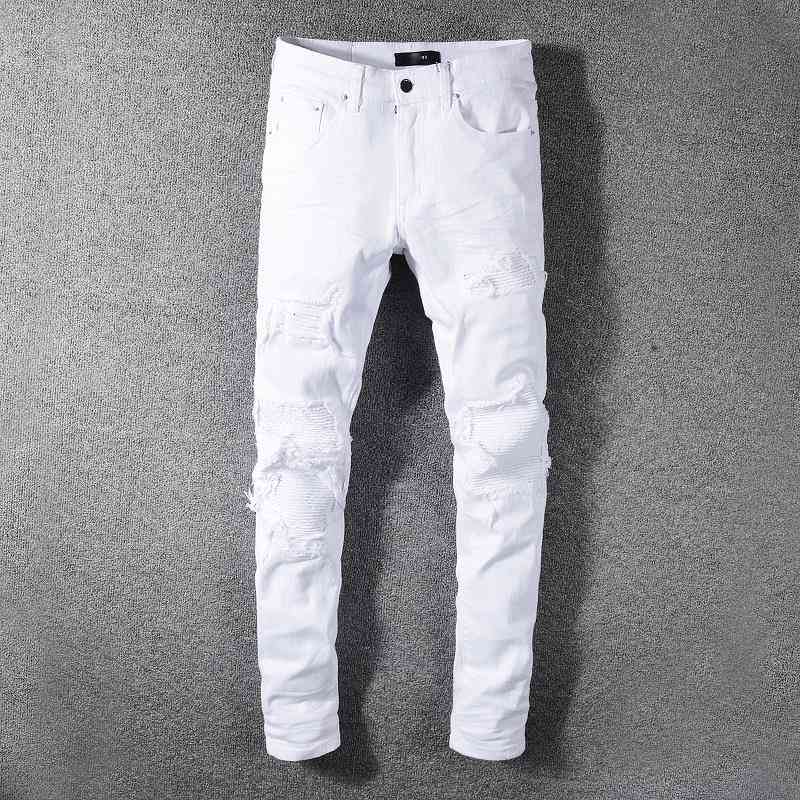 men's jeans high street marca de moda jeans branco buraco remendo elástico fino ajuste plissado calças dos homens magro sólido alta qua, Blue
men's jeans high street marca de moda jeans branco buraco remendo elástico fino ajuste plissado calças dos homens magro sólido alta qua, Blue