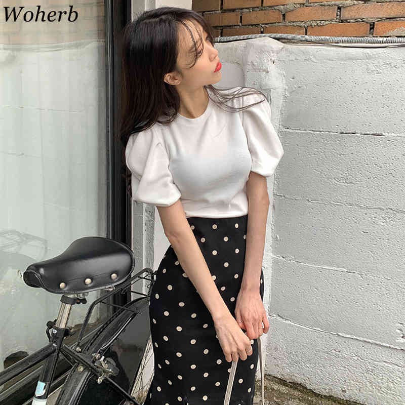 Korean Suit Simple O-Neck Puff Sleeve Tops High Waist Polka Dot Bodycon Fishtail Skirt Femme Roupas Two Piece Sets Women 210422