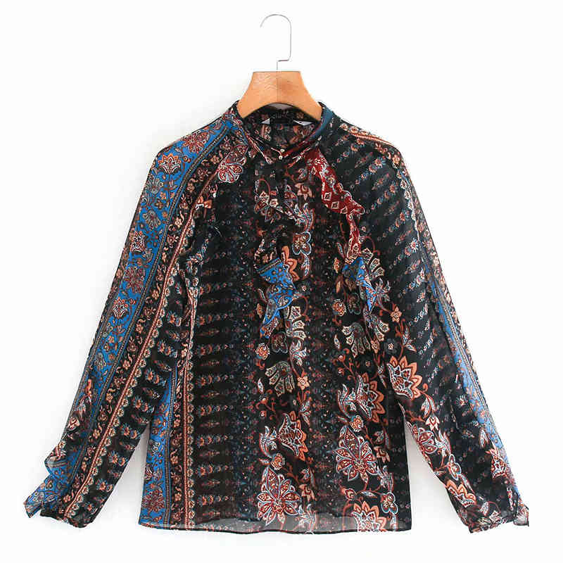 Foridol Floral Print Blouse Shirt Women's Clothing Transparent Ruffle Vintage Button Ladies Shirts Long Sleeve Tops New 210415