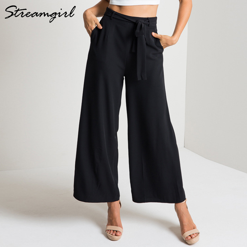 Ladies Wide Leg Pants Summer Women Trousers Women High Waist Capri Loose Belt Chiffon Casual Wide Leg Pants Plain Office 210421