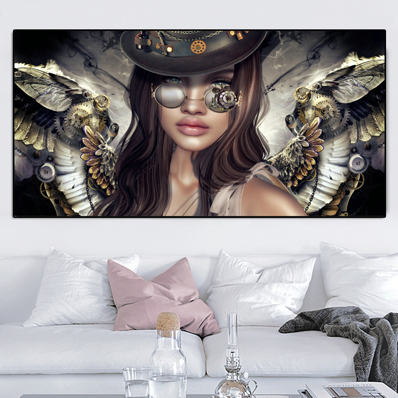 Canvas Painting Steampunk Angels With Glasses Sexy Women Girl Portrait Posters And Prints Wall Pictures For Living Room Decor