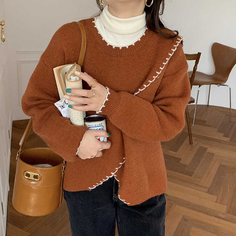 LY VAREY LIN Autumn Women O-neck Contrast Loose Split Long Sleeve Pullover Fashion Knitwear Tender Casual Office Lady 210526