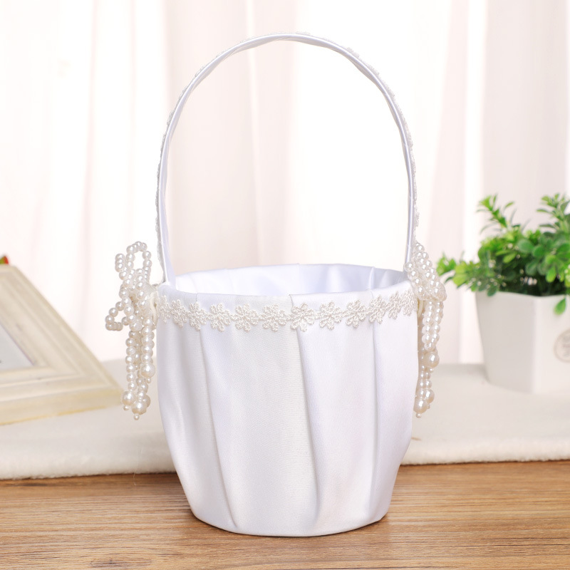 White Wedding Flower Basket Ring Pillow Set with Satin Rose Pearl Bow-knot Bride Girl Baskets Decor H-5714