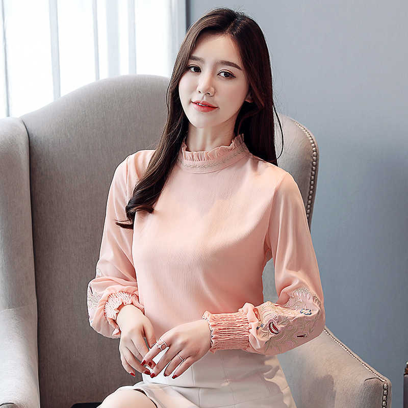 Korean Women Blouses Long Sleeve Shirts Woman Embroidered Blouse Chiffon Tops Plus Size Blusas Mujer De Moda 210531