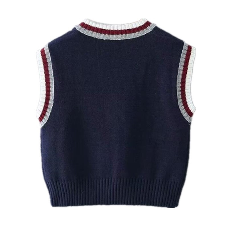 Preppy Style Navy Blue Knitted Sweater Vest Women 90's Vintage Korean Clothes Striped V Neck Tank Top Y2K Knitwear 210429