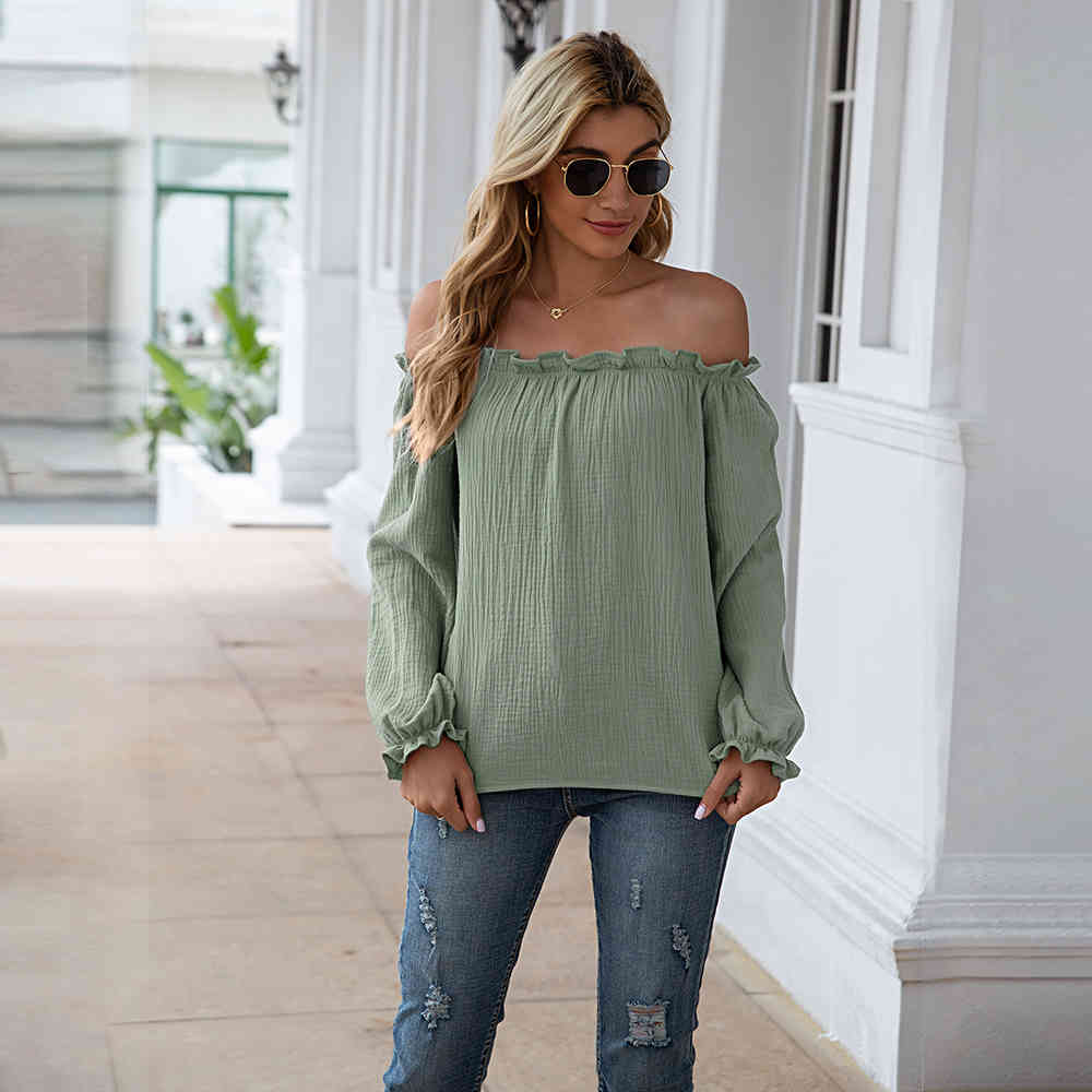 Tops And Blouses Women Casual Loose Solid Green Ruffle Off Shoulder Cotton And Linen Ladies Shirts Fashion Spring Autumn 210415