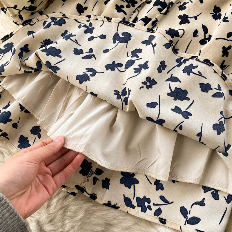 Women Fashion Ins V Collar Long Sleeve Draw Rope Pleated Slim Flower Print A-line Dress Vestidos De Mujer R942 210527