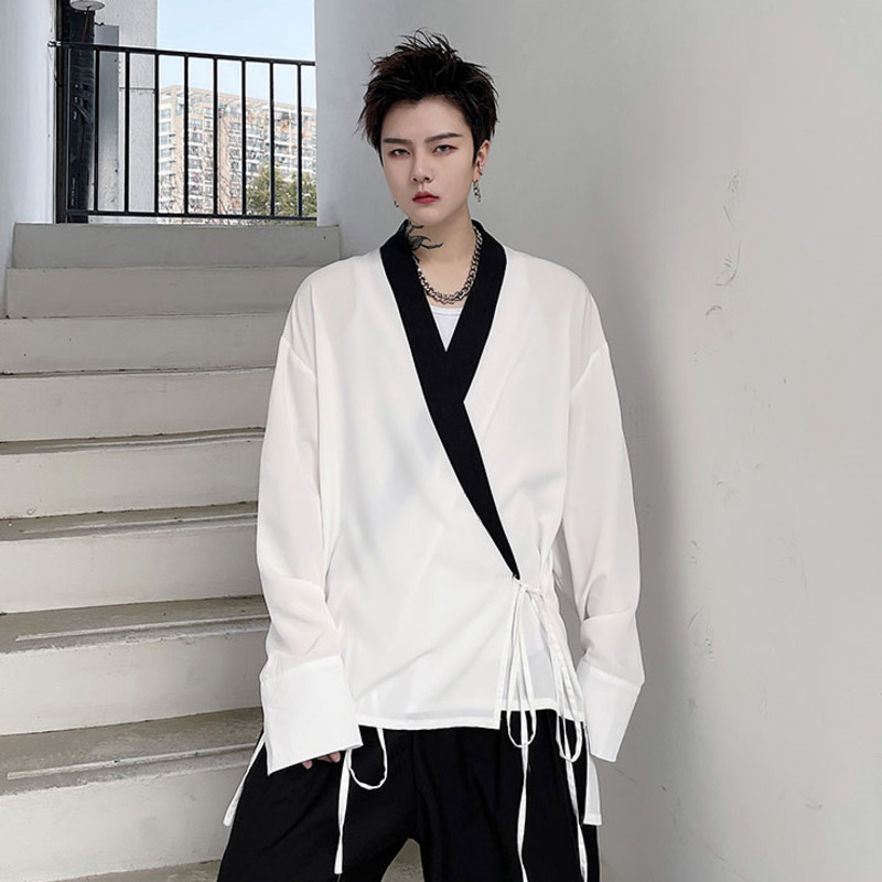 IEFB Korean Streetwear Fashion Bandage White Shirt Men's Lace Up Spring Summer Long Sleeve Fashion Loosecasual Tops 210524