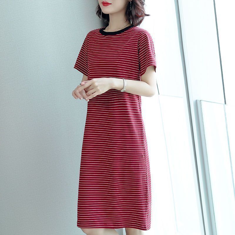 Summer Women Dresses Casual Short Sleeve O-Neck Striped Plus Size Loose Straight Tshirt Female Solid Midi Cotton 210522