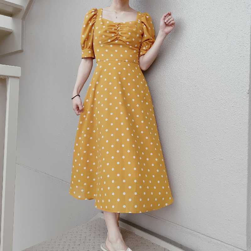 Japanese Style Kawaii Polka Dot Print Elegant Square Collar Puff Short Sleeve Female Robe Summer Slim Dresse 210525
