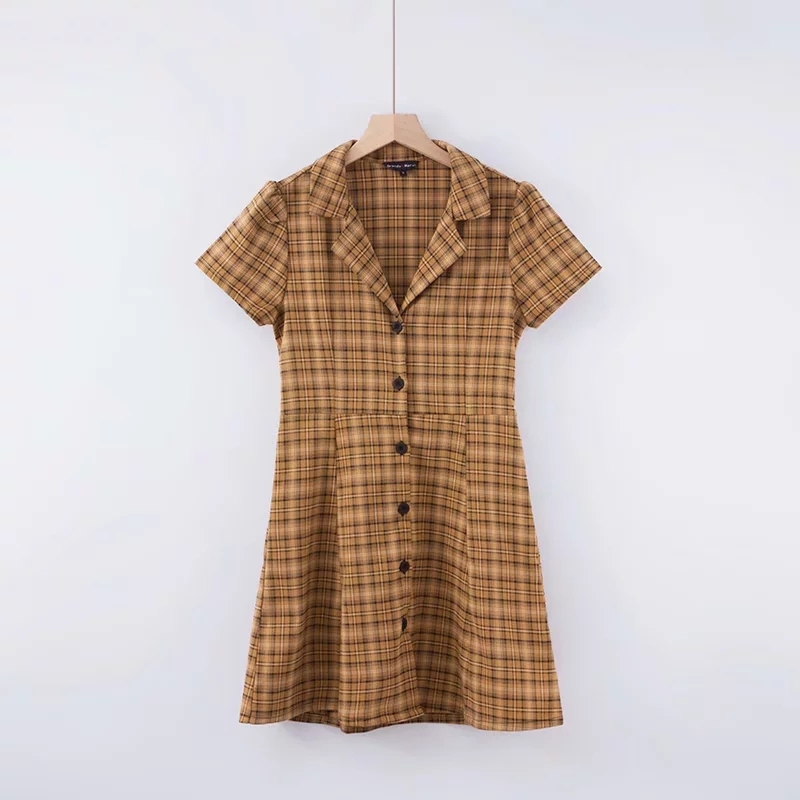 vintage cotton red plaid dress women Korean kawaii button office mini female casual short sleeve sexy vestidos 210521