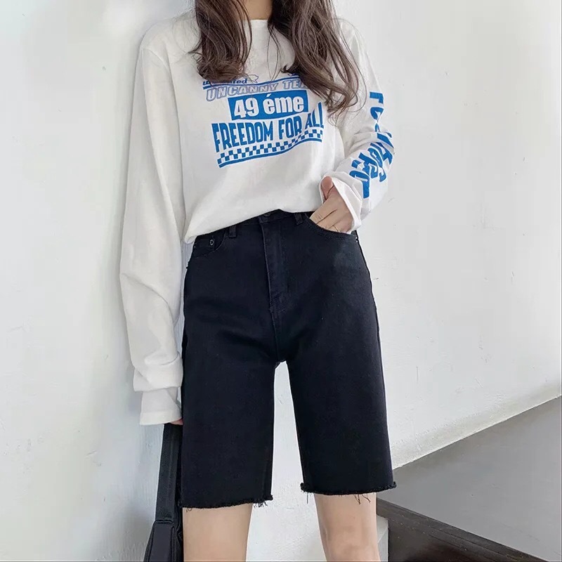 Summer Hurr Hem Tassel Straight Knee length Jeans High Waist Short Pants Casual Women Loose Denim Trousers White 210429