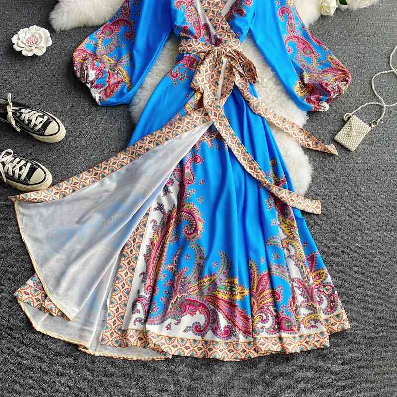 Nomikuma Vintage Printing Women Dress Korean Bow Bandage Slim Waist Dresses Lantern Sleeve V-neck Elegant Vestidos 6E691 210427