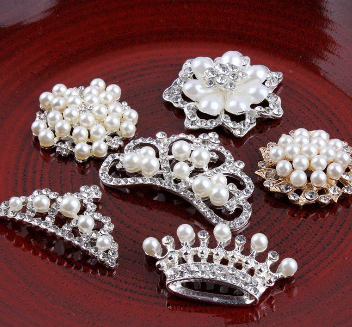 DIY Crown/Round/Snow/Flower Metal Rhinestone Pearl Buttons for Craft Flatback Crystal Decorative Buttonss Hair Accessories Use