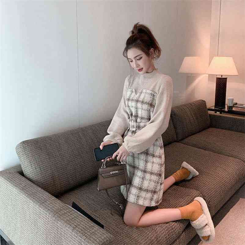 QWEEK Korean One-piece Dress Plaid Fashion Women Spring Autumn Korean Fashion Elegant Dresses for Women Long Sleeve Dress 210409
