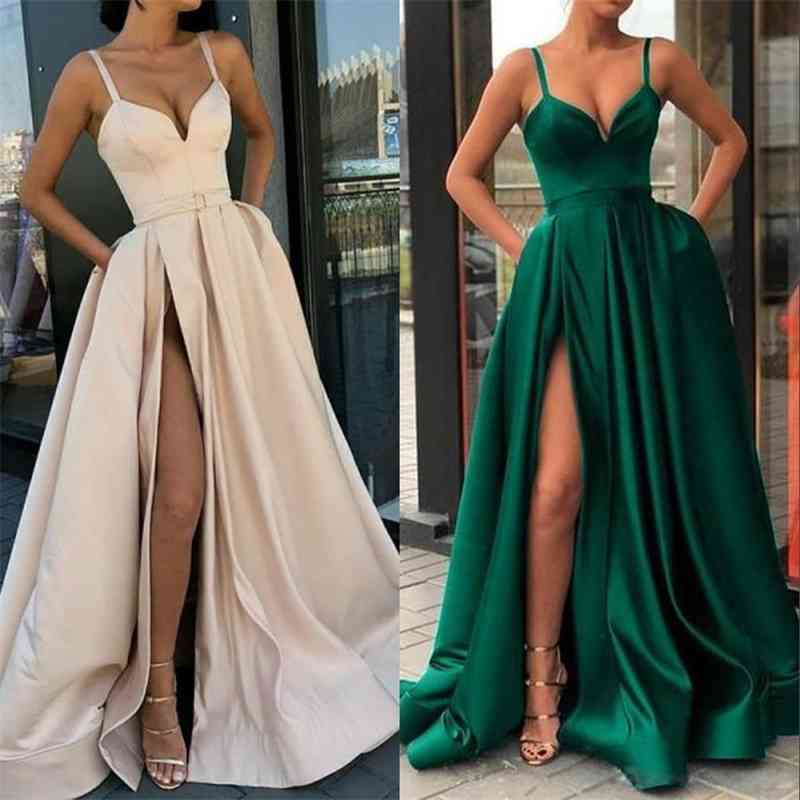 Women Dress Deep V Neck Split Maxi es Sexy Party es Solid Backless Long Spaghetti Strap Summer 210513