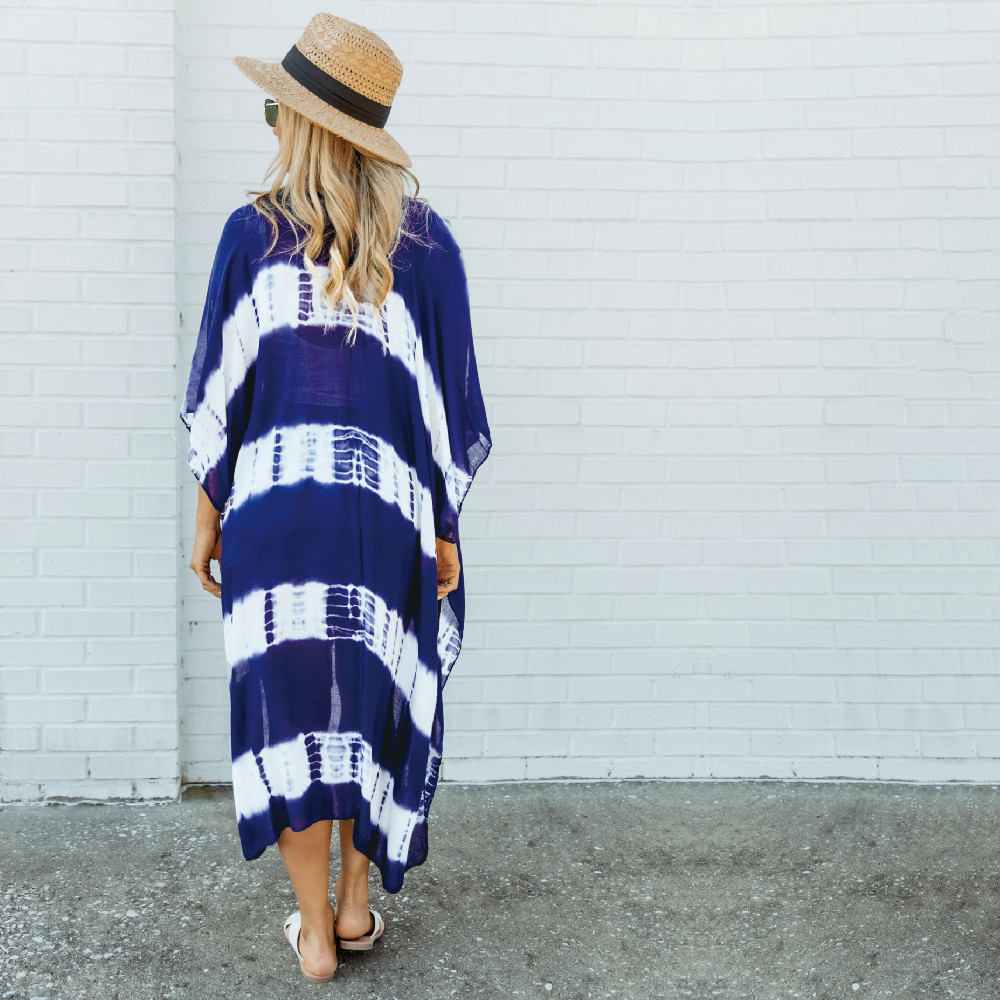 Blue Boho Striped Robes Bathing Suit Cover-ups Plus Size Beach Wear Long Kimono Dress Women Summer Swimsuit Cover Up A806 210420
