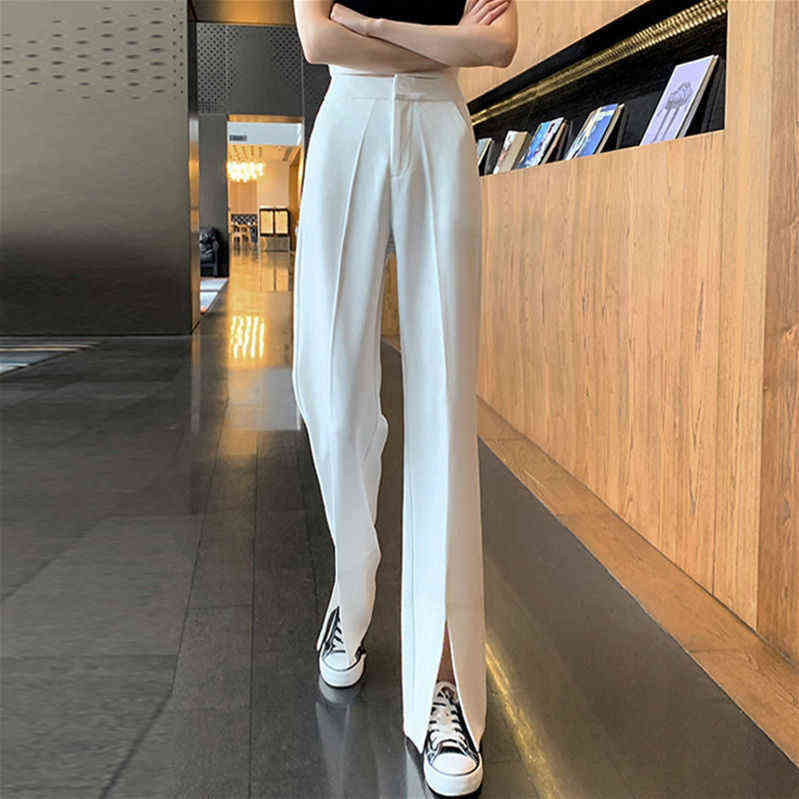 JuneLove Vintage Long Flare Pant Korean Streetwear Sexy High Waist Trousers Lady Casual Front Split Bell Bottom Pant 211124Z