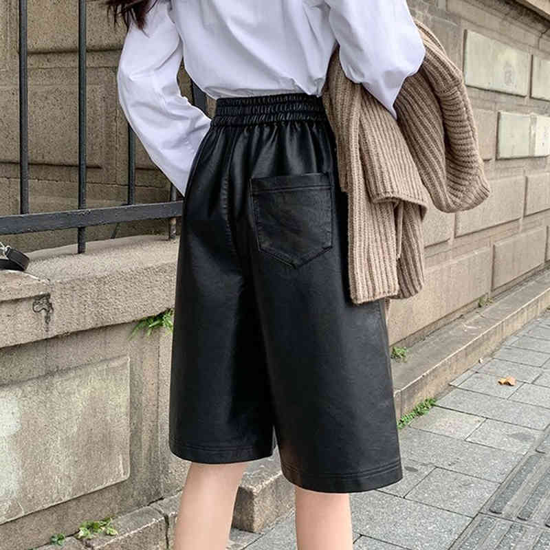 Fashion PU Leather High Waist Autumn Winter Short Pants Women Pockets Loose Wide Leg Black Shorts Mujer 12238 210415