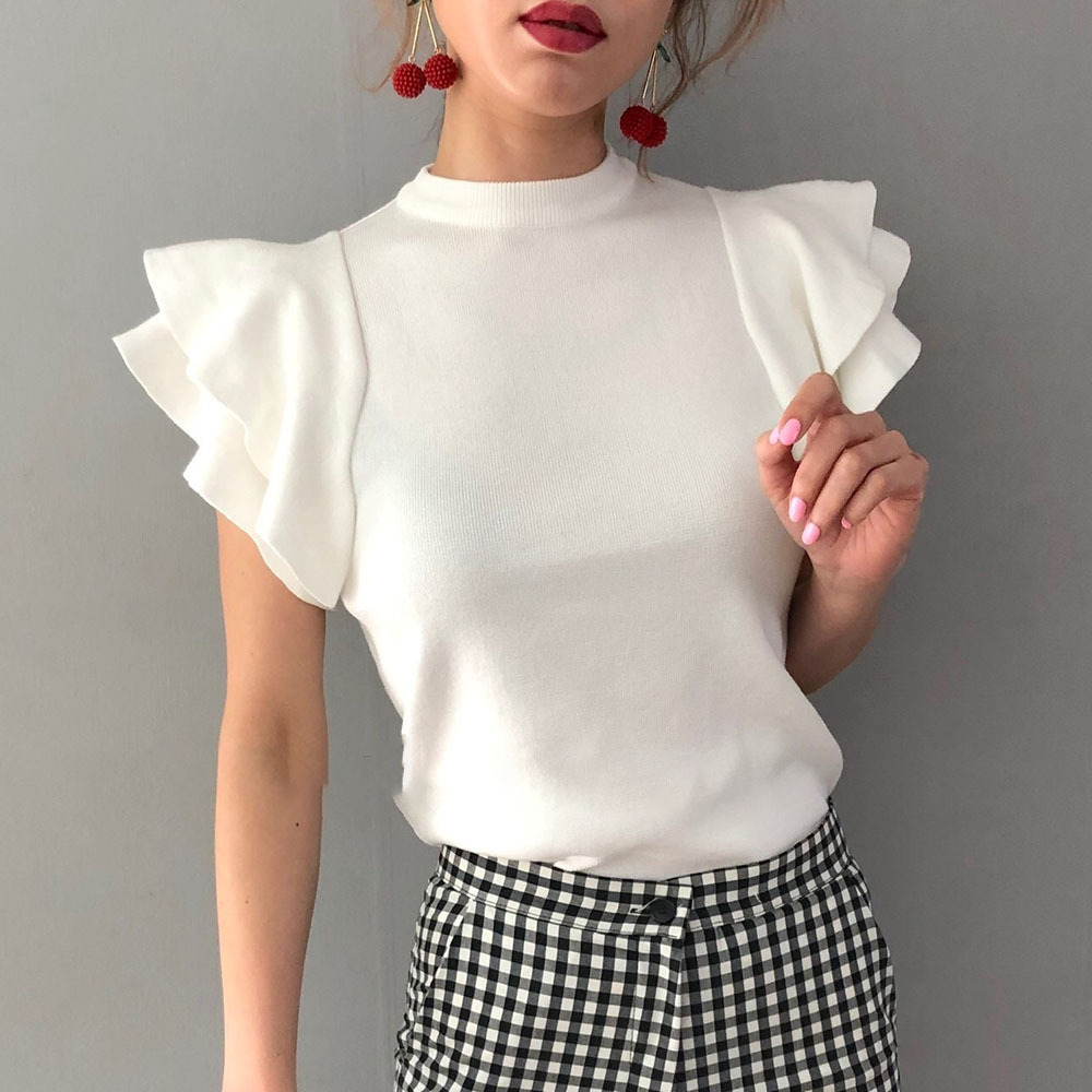 Summer Autumn Knitted Tops Women Short Ruffle Sleeve Sweater Korean Femme Chic Jumper Clothing Outwears 210422