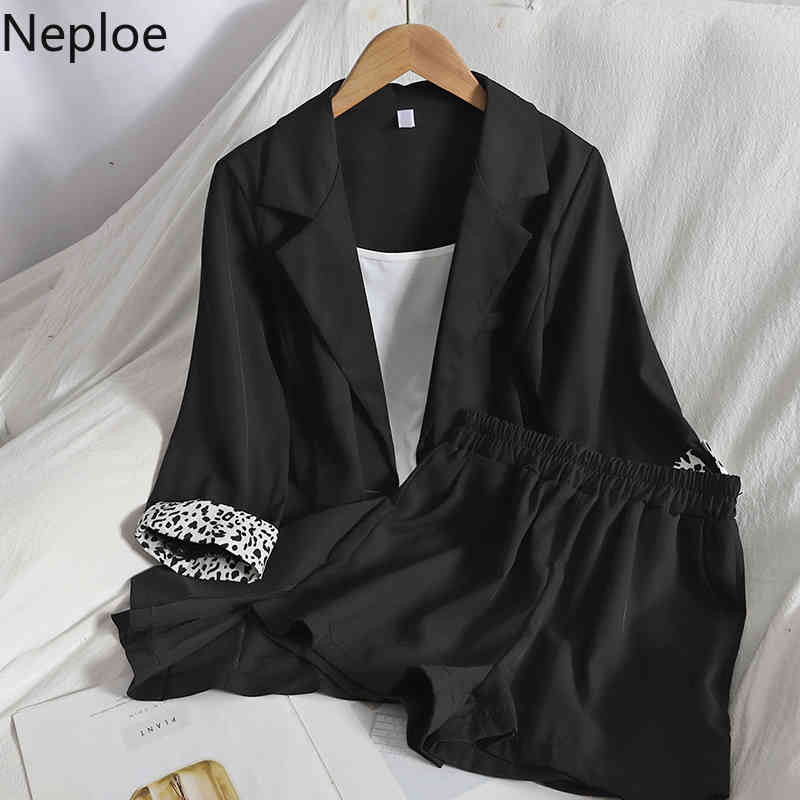 Neploe Spring Women's Clothing Contrast Color Leopard Print Jacket Wide-leg Shorts Base Sling 3 Piece Suit Korean Chic Suit 210422