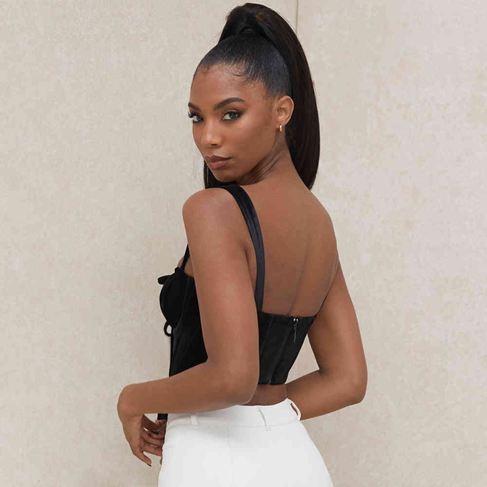 Summer Women Spaghetti Strap Mini Tops Sexy Black Velvet Sleeveless Celebrity Evening Party Outwear Crop Lady Top 210423
