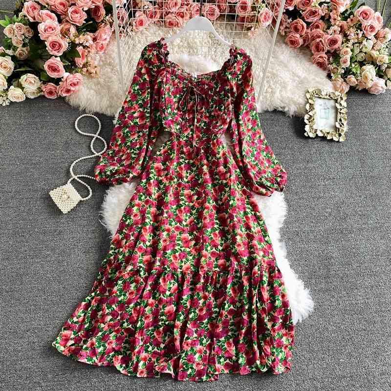 LoveFlowerLife Spring Autumn Slim Floral Print Chiffon Dress A Line Square Collar Mid Calf High Waist Women Dresses 210521