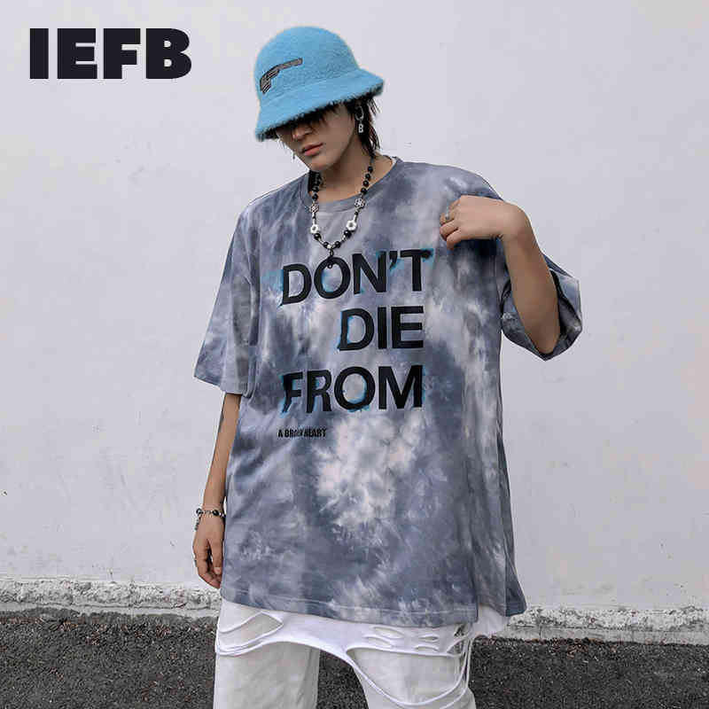 IEFB Tie Dyed Letter Printed Short Sleeve T-shirt For Men Summer Blue Clothing Oversized Streetwear Hip Hop Tee Tops 210524
