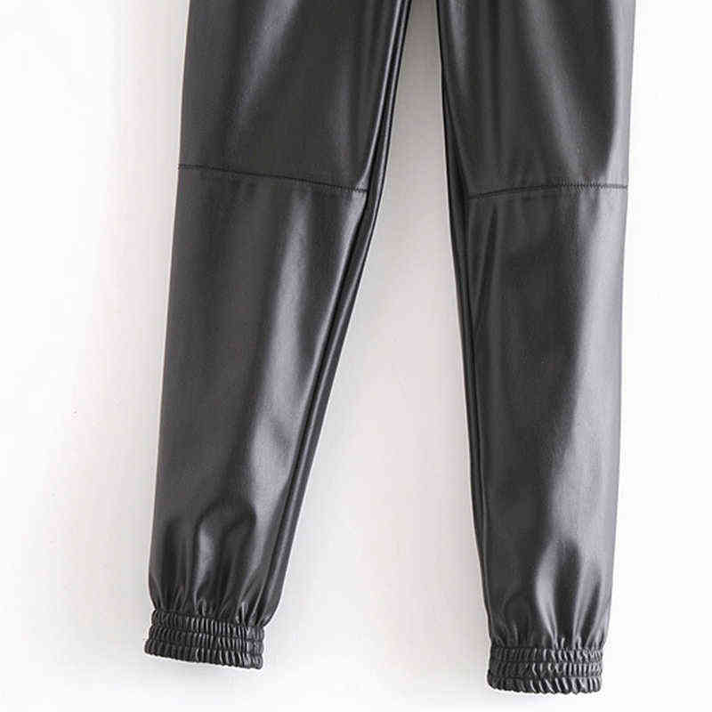 Wixra Pu Leather Pockets Pants Pantalones Mujer Womens Fashion Elastic Waist Lace Up Tie Ankle Trousers Autumn 211115
