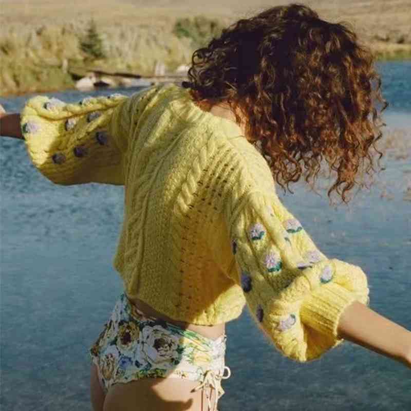 Foridol flower crochet yellow knitted cropped cardigan women casual oversized short sweater cardigan vintage lantern sleeve top 210415